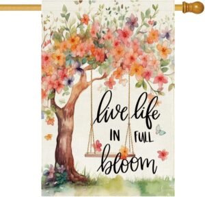 Baccessor Spring Summer House Flag, Flower Tree Swing Butterflies Floral Large Yard Flag for Outside Double Sided Burlap Outdoor Porch Decor 28 x 40 Inch