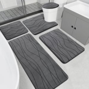 YIHOUSE Memory Foam Grey Bathroom Rug Sets 5 Piece, Ultra Absorbent Bath Mat for Bathroom – Non-Slip Machine Washable & Dry Quickly, 5 Piece Bathroom Mat Set, Dark Grey