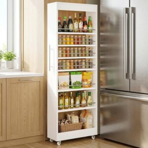 Tribesigns 73″ Tall Slim Storage Cart on Wheels, 7-Tier Narrow Pantry Cabinet, Rolling Skinny Spice Rack Organizer Next to Fridge, Wooden Pull-Out Storage Shelf for Kitchen Small Spaces, White