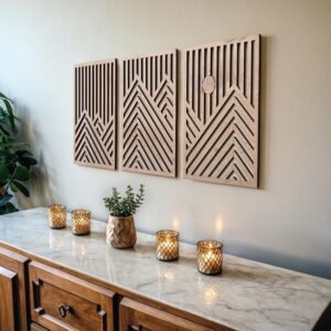 qmmp Modern Wooden Wall Sculptures – Set of 3 – Home Decor Accent – Large Wall Art for Living Room, Bedroom, Office – Easy Installation (Oak, Medium – Mountain and Sun)