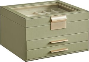 SONGMICS GISELLA Collection – Jewelry Box Organizer, 3-Layer Jewelry Storage with 2 Drawers, Shiny Metal Hardware, Glass Lid, Modern, 8 x 9.1 x 5.3 Inches, Avocado Green and Gold Color UJBC239C02