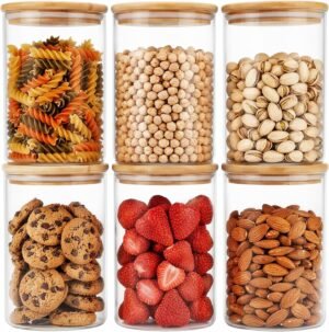 Moretoes 6Pack 1qt Glass Storage Containers with Bamboo Lids, Airtight Pantry Storage Jars for Flour, Sugar, Dry Goods
