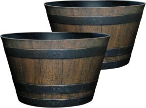 Classic Home and Garden Outdoor Whiskey Resin Flower Pot Barrel Planter, Walnut Brown, 20.5″ (2 Pack)