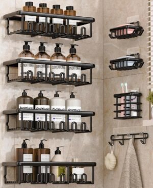 8 Pack Adhesive Rustproof Shower Caddy with Soap Dishes, Toothbrush Holder & Hooks, Large Capacity No-Drilling Shower Shelves Rack for Bathroom Organizers and Storage Accessories, Black