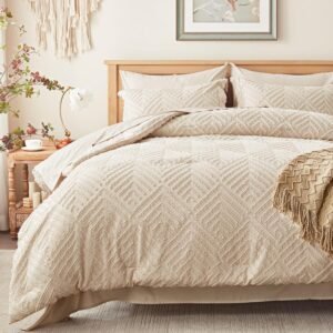 Zzlpp Queen Comforter Set 7 Pieces, Beige Bed in a Bag Queen Size, Tufted Boho Bedding Set with 1 Comforter, 2 Pillow Shams, 2 Pillowcases, 1 Flat Sheet, 1 Fitted Sheet