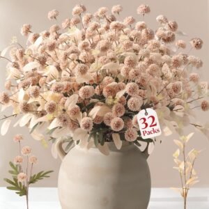 Alupssuc 32PCS Faux Chrysanthemum Beige – 24pcs Artificial Ball Mums (5 Blooms/Stem, Each with Foliage) + 8pcs Beige Leaves, 20.5″ Bendable Wire Stems, Silk Flowers for Indoor Home Decor Only (No UV)