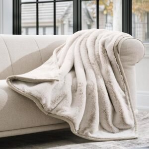 EVERGRACEHOME Ultra Soft Luxury Fluffy Mink Faux Fur Throw Blanket, Thick Warm Fall Winter Blankets for Bed, Couch, Cozy Plush Reversible Blanket for Chair, Sofa (Tipped Champagne Ivory, 50″x60″)
