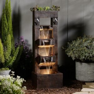 Bumilgar 40.9″ H 4-Tier Indoor/Outdoor Modern Water Fountain with Led Lights and Pump, Outdoor Freestanding Cascading Waterfall – Suitable for Garden, Patio, Porch, Yard and Outdoor Decor (Brown)