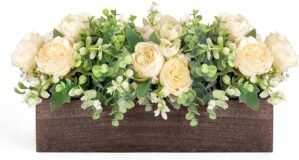 Dahey Centerpiece Table Decorations for Dining Room Farmhouse Table Centerpieces Decor Wood Tray with 3 Artificial Flowers and 2 Eucalyptus for Living Room Kitchen Table, 14.1″ x 4.7″ x 3.1″
