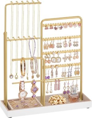 SONGMICS Jewelry Holder, Jewelry Storage Organizer Stand with Metal Frame, Velvet Tray, 12.1 to 18.7 Inches Tall Height Adjustable Necklace Holder, for Rings, Earrings, Pale Gold UJJS026A01