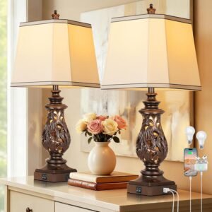 PARTPHONER 29″ Table Lamps Set of 2, Bedside Lamps with USB A+C Ports & Night Light, Farmhouse Nightstand Lamps with Faux Silk Shades for Bedroom Living Room, Vintage Brown (LED Bulbs Included)