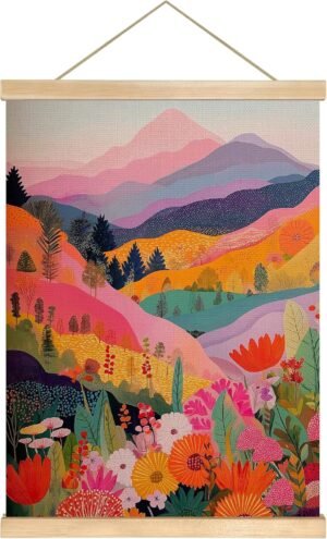 You found a duck Colorful Mountain Landscape Wall Art, Boho Floral Abstract Linen Poster, Vibrant Nature Wall Hanging for Living Room, Bedroom, or Office, 18.5×14 Inch(Colorful-mountain)