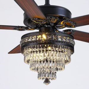 Asyko 50″ Crystal Ceiling Fan Fandelier with Lights – Modern Black Chandelier Fans with Remote Control，Noiseless AC Motor, Retro/Farmhouse Lighting, Dining Room，Living Room