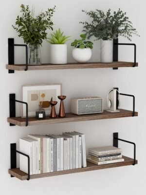 Floating Shelves, 24 Inches Easy to Install Wall Mounted Shelves, Set of 3, Rustic Wood Shelves for Wall Decor, Storage Shelves for Living Room (Brown)