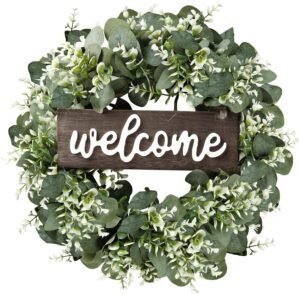 Sggvecsy 16in Artificial Eucalyptus Wreath with Welcome Sign Green Eucalyptus Leaf Wreath Greenery Wreath Round Leaves Wreath for Front Door Wall Window Festival Farmhouse Porch Patio Garden Decor