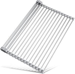 Tomorotec 17.7″ x 15.5″ Roll Up Dish Drying Rack Over Sink Drying Rack Sink Cover Kitchen Sink Accessories Gadget Multipurpose Organizer Foldable Stainless Steel Drainer (Grey)