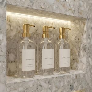 Stylish Shampoo and Conditioner Dispenser Set of 3 – Modern 21oz Shower Soap Bottles with Pump and Labels – Easy to Refill Body Wash Dispensers for an Instant Bathroom Decor Upgrade Clear