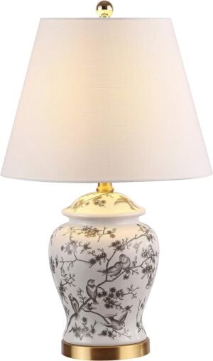 JONATHAN Y 22″ Gray/White Ceramic Table Lamp, French Country Chinoiserie Ginger Jar LED Bedside Lamp for Living Room Bedroom, White Linen Shade (JYL3005C)