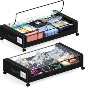 Under Bed Storage with Wheels, 2 Pack Under Bed Storage Containers with Clear Lids, XXL 65L Under Bed Storage Organizer, Rolling Under Bed Metal Drawer for Blanket, Clothes, Shoes (31 x 17 x 6.69 in)