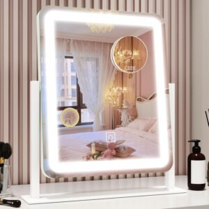ROLOVE Vanity Mirror with Lights, 12.6″x15″ LED Makeup Mirror with Lights, Smart Touch Control 3 Color Dimmable, Lighted Desk Mirror for Bedroom, Light Up Mirror