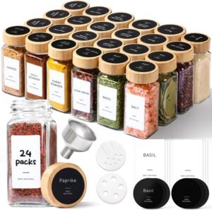 ComSaf Aesthetic Minimalist Spice Jars Set, 4 oz 24Pcs Glass Spice Containers with Labels, Bamboo Lids, 6 Extra Shaker Inserts, 93 Labels, Metal Funnel, Square Jars for Pantry Organization