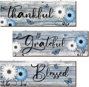 Geetery 3 Pcs Thankful Grateful Blessed Wooden Signs Rustic Daisy Wood Wall Decor Inspirational Wall Art Signs Rustic Wooden Hanging Decorations for Bedroom Kitchen Living Room Bathroom Home (Blue)