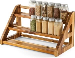 Tinamo Acacia Wood Spice Rack for Countertop – Wooden Tray Holds 24 Jars Spice Racks Organizer for Storage Shelf – 3 Tiered Spice Rack Organizer for Cabinet – Spice Shelf for Kitchen Pantry (Acacia)