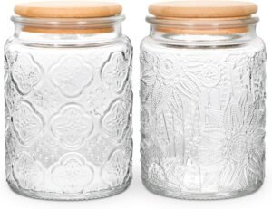 BEWAVE Vintage Glass Jar, 24oz Food Storage Containers Clear Mason Jars With Airtight Lid for Kitchen Counter,Coffee, Tea, Sugar, Candy, 2 Pack