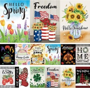 Pating Seasonal Garden Flags Set of 12 Double Sided 12 x 18 Inch, Small Yard Flags for Outside, Christmas Halloween Easter Valentine’s Day Outdoor Decor, Holiday Garden Decorations for All Seasons