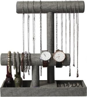 Coward 2 Tier Necklace Bracelet Holder Organizer with Ring Tray, Linen Jewelry Display Stand for Watch Scrunchie Lipstick, Perfumes,Nail polish (Gray Linen)