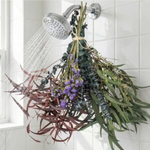 RAINFLOW Real Eucalyptus for Shower Hanging Bundle – 22PCS Mixed Dried Eucalyptus Stems with Purple Flowers, 15” Natural Hanging Plant for Bathroom Wall, Farmhouse Boho Home Aesthetic