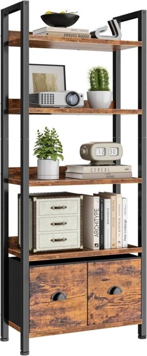 Furologee 5-Tier Bookshelf, Tall Bookcase with 2 Storage Drawers, Industrial Standing Storage Shelf, Wood Metal Display Rack for Living Room Bedroom Home Office, Rustic Brown