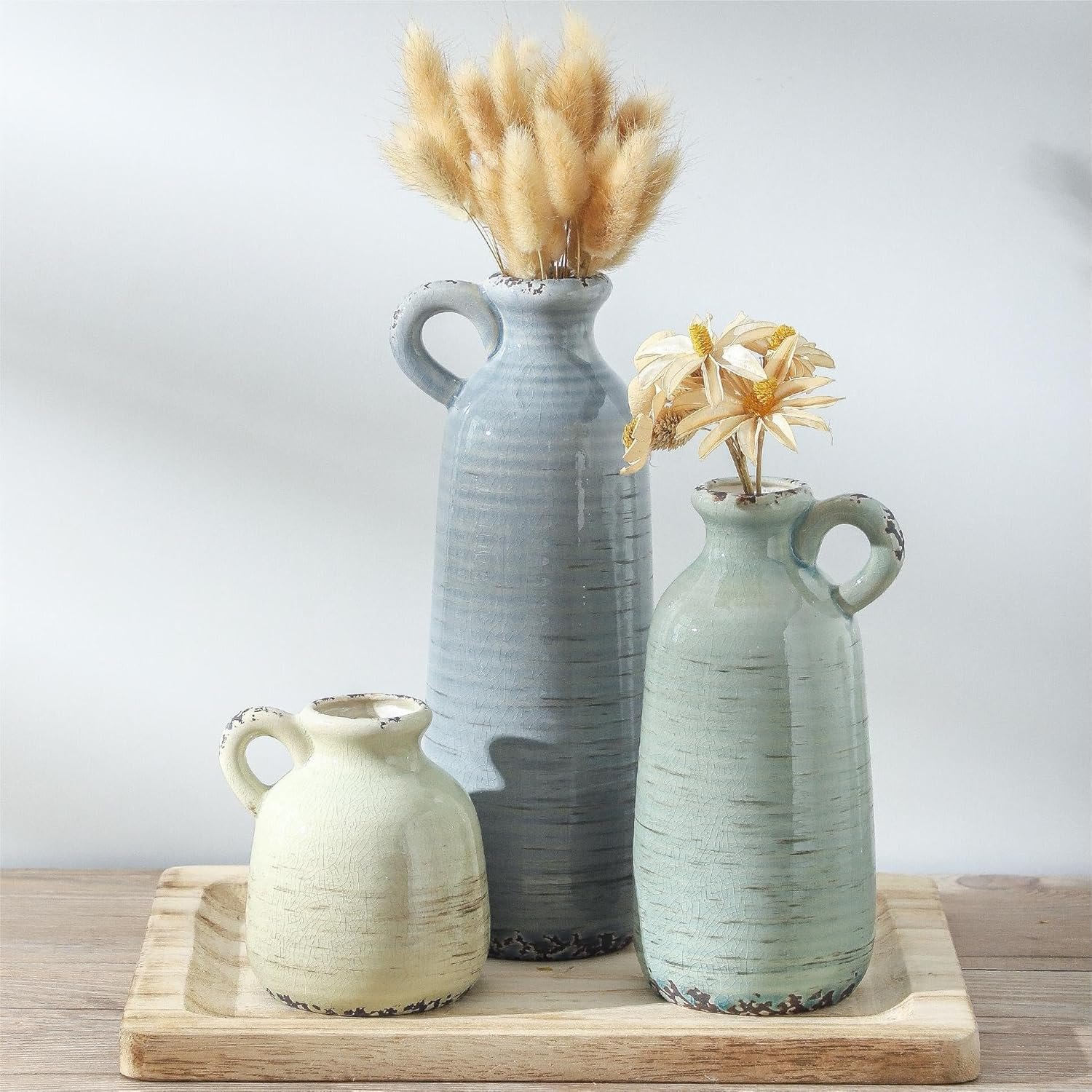 Ceramic Vase Set of 3 | Neutral Vase Home Decor with Handle | Pottery Modern Farmhouse Vases Pampas Grass Flower Vases for Home Decor Table Living Room Centerpieces Mantel Decor – Multicolor