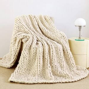 Admitrack Chunky Knit Blanket Throw 51″x63″, 100% Hand Knit Chenille Throw Blanket for Sofa & Home Decor, Soft and Cozy Knitted Throw Blankets (Ivory，51″x63″)