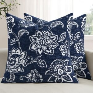 Set of 2 Vintage Decorative Floral Pillow Covers Boho Farmhouse Chenille Cushion Covers for Sofa Couch Living Room Summer Home Decor 18×18 Inch Navy Blue