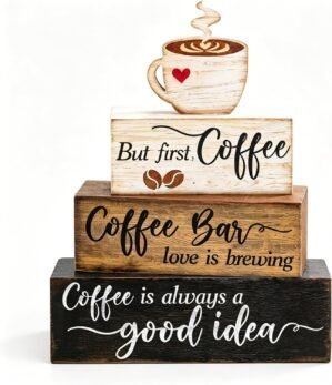 4 Pcs Wooden Coffee Bar Decorations Rustic Coffee Bar Signs for Tiered Tray Farmhouse Coffee Station Table Centerpiece Wood Bar Sign Gift Set Farmhouse Decor for Home Kitchen Tabletop