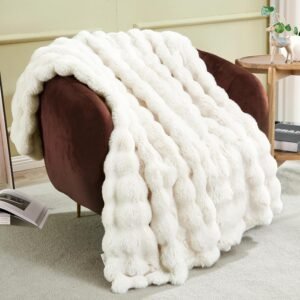 JONIYEAR Soft Fuzzy Bubble Faux Rabbit Fur Throw Blanket for Couch Chair 50″ x 60″, Reversible Textured Thick Warm Fluffy Blanket for Winter, Luxury Cozy Puffy Shaggy Comfy Furry Blankets, Cream White