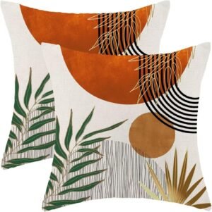 Boho Mid Century Pillow Covers 18×18 Set of 2,Orange Gold Throw Pillowcase Geometric Aesthetic Sunset Outdoor Farmhouse Cushion Cover for Sofa Couch Bed Living Room Decor