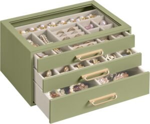 SONGMICS 3-Layer Jewelry Box with Glass Window, Jewelry Storage Organizer with 3 Drawers, Golden Handles, for Rings, Earrings, Bracelets, Gift Idea, Sage Green, 6.3 x 9.4 x 4.9 Inches UJBC206CE01S