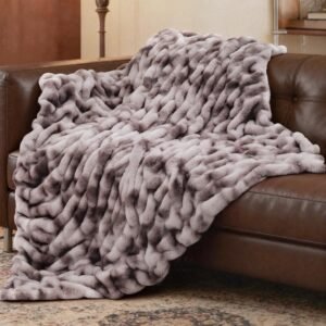 VFROO Ruched Faux Fur Throw Blanket, Soft Plush Fluffy Blanket, Warm Thick Cozy Blanket for Couch Bed and Sofa, Fuzzy Comfy Rabbit Fur Throw Blankets Gifts for Women Mom Her (50″x60″,Tie-dye Taupe)