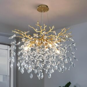 YUYI 23.6″ Modern Gold Tree Branch Crystal Chandelier, 8-Light Round Raindrop Pendant Lighting for Dining Room Living Room Bedroom Kitchen Foyer Entryway, Luxury K9 Crystal Statement Light Fixture