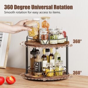 12″ Wood Lazy Susan, Rotating Spice Rack, 2 Tier Spice Turntable Organizer, Industrial Turntable Spice Holder, for Kitchen Countertop and Cabinet, Compact and Versatile, Rustic Brown