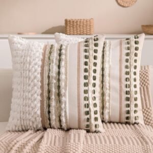 Boho Chenille Tufted Couch Throw Pillow Covers 18×18 Inch Set of 2 Farmhouse Striped Decorative Pillow Covers Accent Neutral Square Pillowcase Green Cushion Covers for Livingroom Sofa Bed