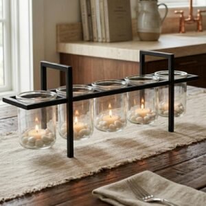 Seraphic Dining Table Centerpiece Decor, Candle Holders for Tables, 5-Cup | Fireplace Mantel Floating Centerpieces, Rectangular Wrought Iron Candelabra, Modern Long Low Coffee Console, 16″ Long