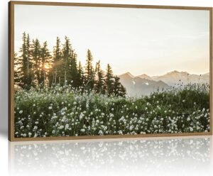 Framed Nature Wildflower Wall Art Rustic Landscape Canvas Farmhouse Country Wildflower Picture Prints with Mountain Sunrise Photography Wall Decor for Living Room Bedroom Dining Room 12x16Inch