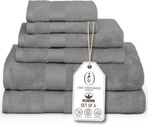 Premium Staple Cotton Bathroom Towel Set – Gray 600 GSM 6-Piece Luxury Bath Towel Set 1 Stripe – 2 Bath Towels, 2 Hand Towels & 2 Washclothes Set – High Absorbent & Quick Dry for Gym, Spa, Hotel