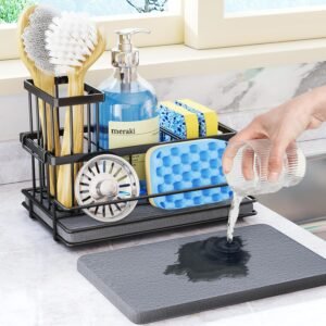 HapiRm Sink Caddy Sponge Holder – Kitchen Sink Organizer with Instant Drying Stone and Brush Holder, Stainless Steel Bathroom Counter Organizer – Black