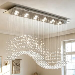 Siljoy Rectangle Wave Raindrop Chandelier for Dining Room, 12 Light Modern Rectangular Flush Mount Crystal Pendant Ceiling Light for Living Room Kitchen L47” x W11.8” x H40”