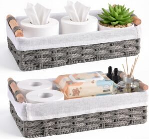 HomeHacks 2 Pack Storage Basket Paper Rope Baskets for Organizing with Handle Decorative Storage Bins for Countertop Toilet Paper Basket for Toilet Tank Top Small Baskets, Grey