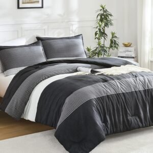 Litanika Full Size Comforter Sets Black White Grey – 3 Pieces Lightweight Bedding Set, All Season Down Alternative Comforter (1 Comforter, 2 Pillowcases)